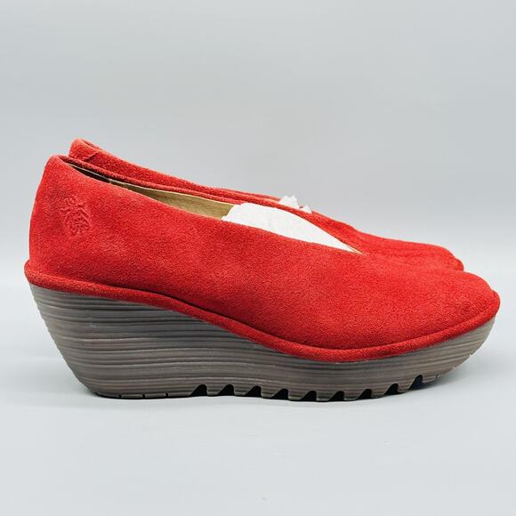 Fly London Shoes Womens 9 Red Suede Wedge Pumps Slip On Closed Toe Platform - Picture 1 of 14